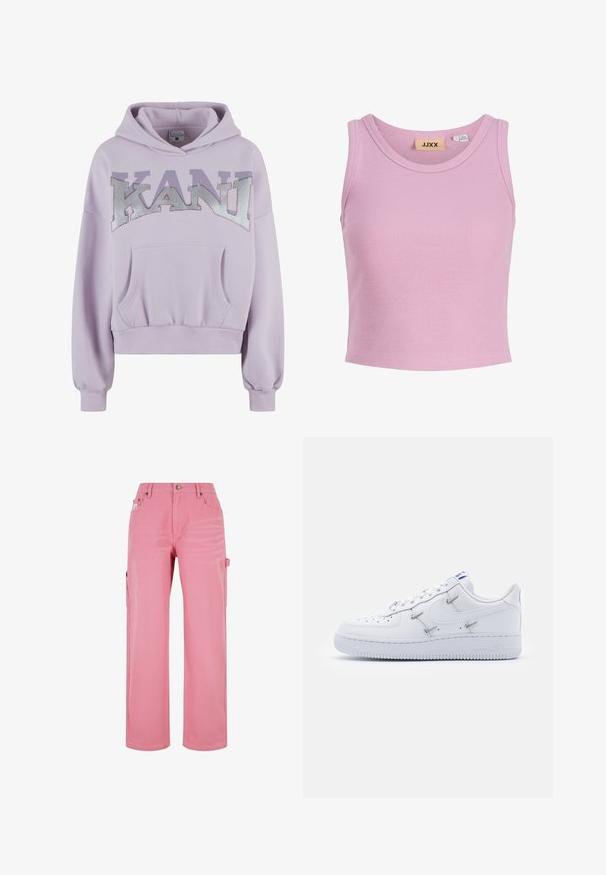 Sweat à capuche lilas avec une poche kangourou à l'avant, arborant un audacieux logo "KANI" en argent, entouré de strass. Tissu doux, poignets et ourlet côtelés.; Top court sans manches côtelé rose clair avec un col rond et une étiquette de marque JJXX à l’intérieur du col.; Pantalon cargo rose en denim. Présente une taille haute, des jambes larges, des poches latérales et une fermeture à bouton à l'avant. Texture lisse et couleur uniforme.; Nike Sportswear AIR FORCE 1 - Baskets basses - white/hyper royal/black