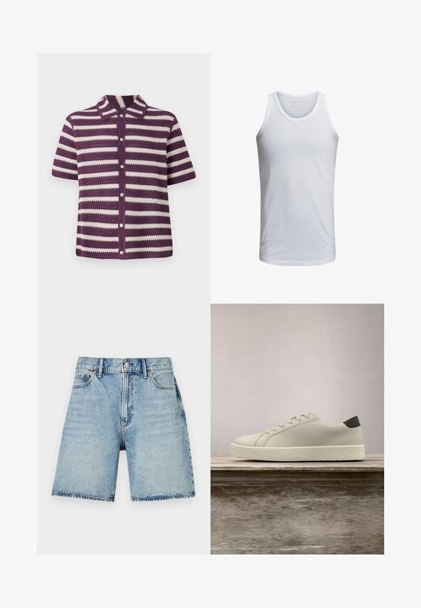 Gilet à manches courtes en tricot rayé violet et blanc avec un col et une fermeture à boutons sur le devant. Texture légère à mailles ouvertes.; Débardeur en coton blanc avec un col rond, des bretelles larges et un marquage minimal imprimé à l'intérieur du col. Texture douce, coupe décontractée.; Shorts en denim bleu clair à coupe droite, avec cinq poches et des coutures visibles. Fermeture à boutons à l'avant.; Baskets blanches avec semelle texturée et détail noir au talon, flottant au-dessus d'un banc en bois avec de hautes herbes vertes en arrière-plan.