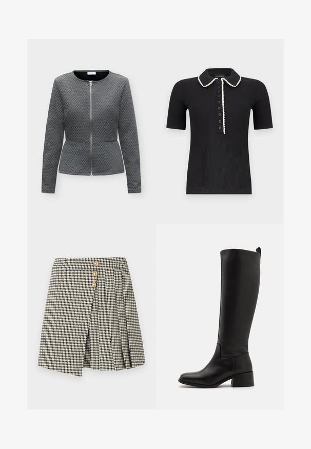 Veste texturée grise à manches longues avec un col rond et une fermeture éclair argentée à l'avant, légèrement cintrée à la taille.; Polo noir à manches courtes côtelé avec bordure blanche le long du col et de la patte de boutonnage, comportant sept boutons noirs à l'avant.; Jupe à carreaux noire et blanche avec trois boutons dorés, présentant un design plissé et une fente à l'avant. Texture de tissu doux.; Botte noire montée à hauteur de genou en cuir lisse avec un talon blocs, une pointe arrondie et un design élégant sans embellissement.