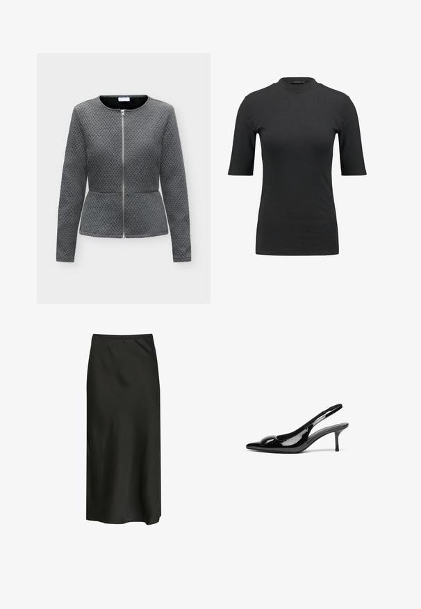 Veste texturée grise à manches longues avec un col rond et une fermeture éclair argentée à l'avant, légèrement cintrée à la taille.; T-shirt noir à côtes avec un col montant et des manches courtes. Design lisse et ajusté sans motifs ni détails matériels visibles.; Jupe midi noire fabriquée en tissu lisse et léger. Présente un design simple avec une taille élastique et une légère brillance.; Escarpins slingback en cuir verni noir avec un bout pointu et une finition brillante. Présente un talon fin et un accent arrondi au dessus du pied.