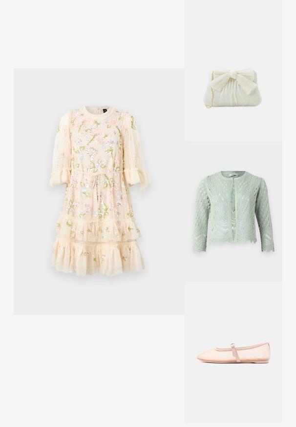 Gilet tricoté vert clair avec un motif ajouré, manches trois-quarts et ourlet en forme de vagues. Conçu avec un col rond et sans fermetures.; Robe brodée en tissu léger beige doux avec des motifs floraux, volants superposés et manches bouffantes. Liens à nouer à la taille pour un ajustement parfait.; Chaussure plate beige clair avec un bout pointu et une bride latérale avec boucle, présentée sur un fond blanc uni.; Sac à main plissé blanc avec un nœud proéminent et une chaîne dorée. Texture douce avec un design froncé à l'avant.
