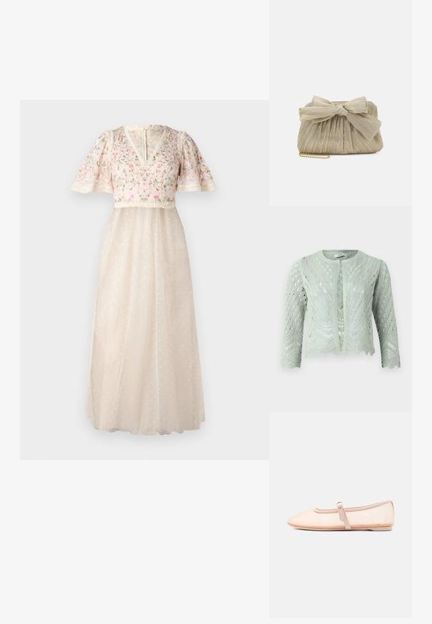 Vaaleanvihreä neulekartta, jossa on avoin kuvio, kolmanneksen pituiset hihat ja kiharat helma. Suunniteltu pyöreällä pääntielle ilman kiinnityksiä.; Needle & Thread ROSIE SHORT SLEEVE BALLERINA DRESS - Iltapuku - cream; Vaaleanbeige litteä kenkä, jossa on terävä kärki ja yksinkertainen sivulla oleva solkisäädin, esitetty yksinkertaista valkoista taustaa vasten.; Loeffler Randall PLEATED FRAME WITH BOW - Pikkulaukku - platinum