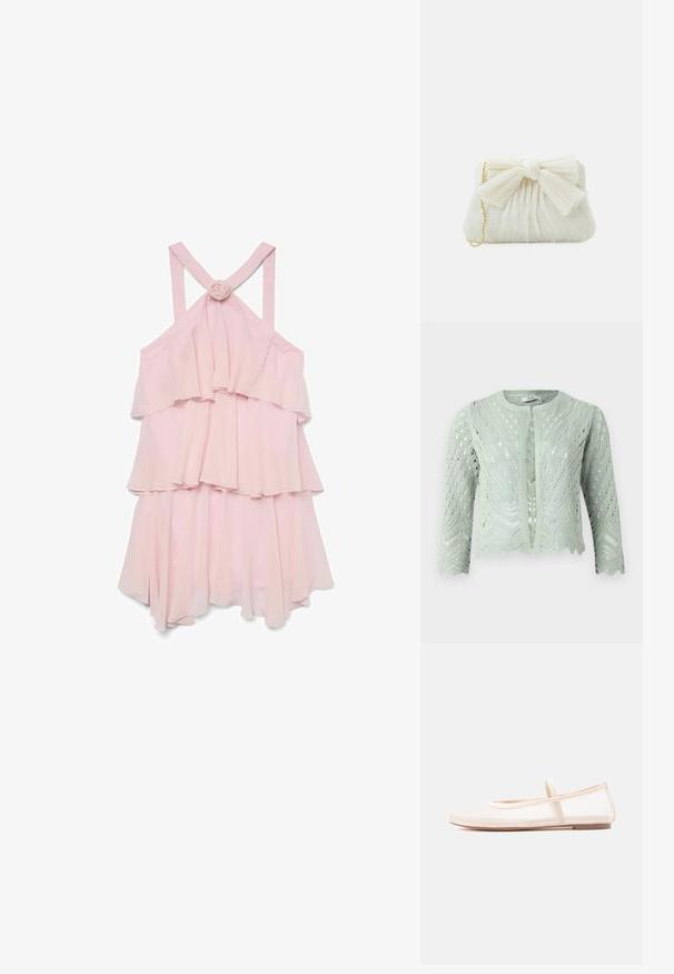 Cárdigan de punto verde claro con patrón de calado, mangas tres cuartos y dobladillo con forma de ondas. Diseñado con un escote redondo y sin cierres.; Vestido sin mangas de color rosa pálido con volantes en capas, que presenta un acento de rosa en la parte posterior y tirantes cruzados, confeccionado con una tela ligera.; Bailarinas con una parte superior de malla beige translúcida y una correa de satén, con punta redondeada y suela baja de color marrón. Diseño ligero y flexible.; Bolso de mano plisado blanco con un destacado detalle de lazo y una correa de cadena dorada. Textura suave con un diseño fruncido en la parte frontal.