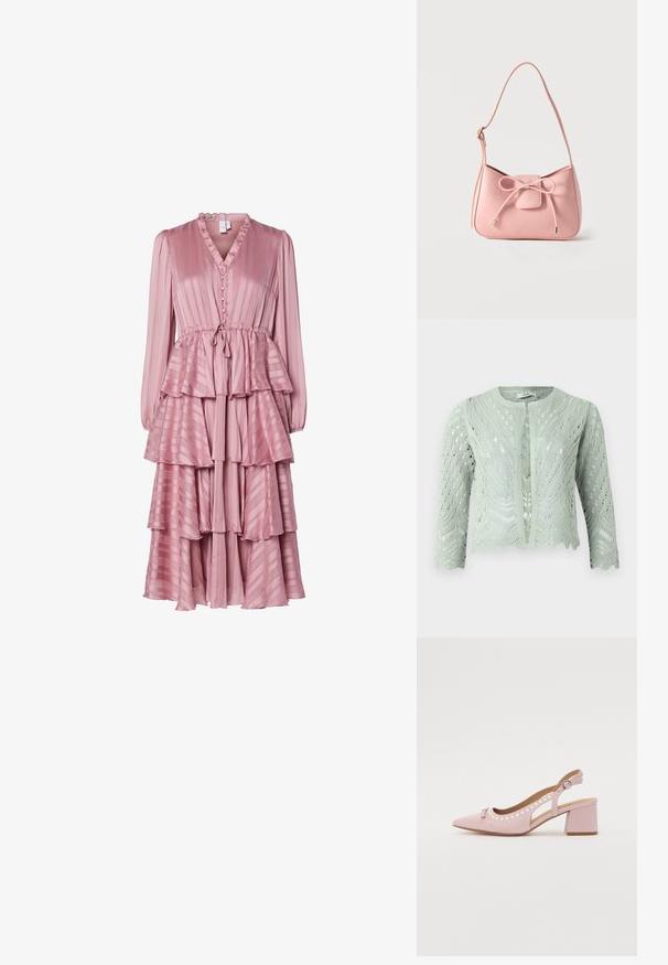 Cárdigan de punto verde claro con patrón de calado, mangas tres cuartos y dobladillo con forma de ondas. Diseñado con un escote redondo y sin cierres.; Largo vestido rosa con escote en V, cuello con volantes, cierre de botones, diseño de capas en niveles y rayas verticales en un material ligero.; Tacón slingback rosa con punta puntiaguda, parte superior de tela, recortes redondeados, detalles de perlas y tacón grueso. Cuenta con un detalle de hebilla lateral.; Bolso pequeño de hombro color rosa pastel con correa ajustable y detalle de lazo en el frente con extremos dorados sobre un fondo liso.