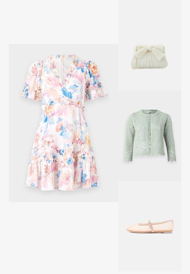 Lys grøn strikket cardigan med hulmønster, trekvartærmer og bølgekant. Designet med rund halsudskæring og uden lukninger.; Blomstret kjole med hvid bund, prydet med lyserøde, blå og gule blomster. Rynkede detaljer ved ærmer og nederkant, v-udskæring og en tætsiddende talje.; Lys beige flad sko med spidst tåparti og en enkelt rem med spænde på siden, vist på en ensfarvet hvid baggrund.; Hvid plisseret clutch-taske med en fremtrædende sløjfedetalje og en guldkædetras. Blød tekstur med et samlet design på forsiden.