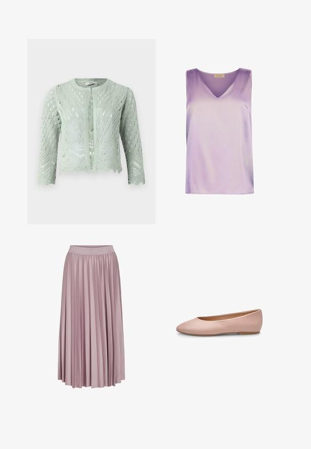 Lys grøn strikket cardigan med hulmønster, trekvartærmer og bølgekant. Designet med rund halsudskæring og uden lukninger.; Ærmeløs lavendel satin top med V-halsudskæring og lige kant, fra Falconeri Beta-kollektionen.; Plisseret lang nederdel i blødt lyserødt stof med elastisk talje. Den glatte tekstur og det svungne design fremhæver dens samlede form.; Lyserød ballerina i læder med spids tå, glat tekstur, få detaljer og en solid lys brun sål. Enkelt design uden pynt.
