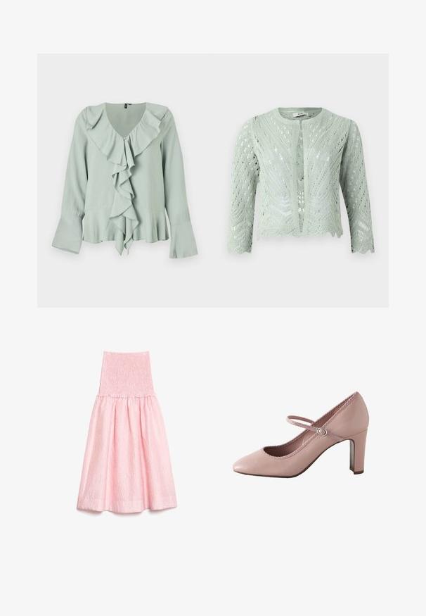 Cárdigan de punto verde claro con patrón de calado, mangas tres cuartos y dobladillo con forma de ondas. Diseñado con un escote redondo y sin cierres.; Blusa verde claro con escote en V, detalle de volantes en la parte frontal, mangas largas con puños acampanados y una silueta fluida.; Falda midi rosa claro con tejido texturizado, cintura alta fruncida y dobladillo acampanado recogido.; Zapato de tacón alto de cuero rosa con puntera redondeada, correa en el tobillo y borde festoneado. Cuenta con un tacón bloque delgado para mayor soporte.