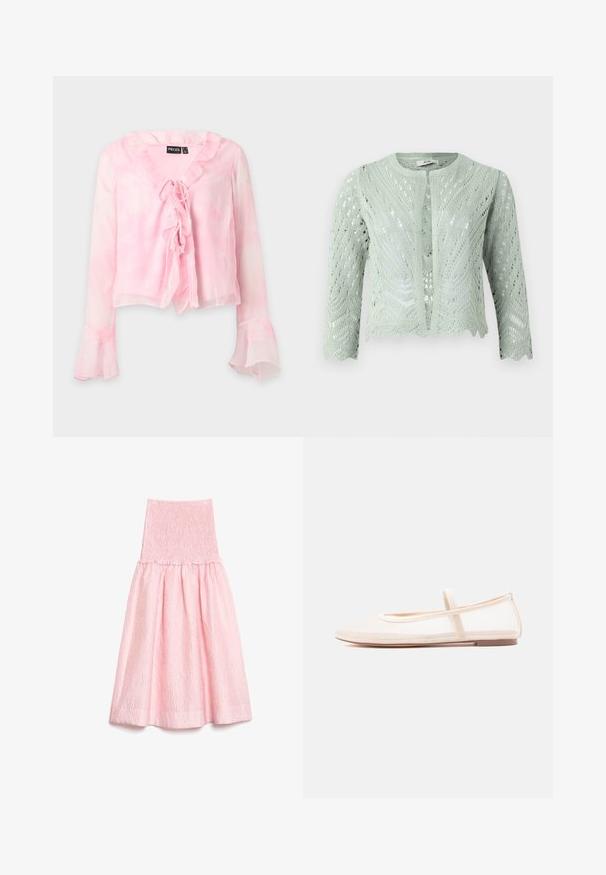 Gilet tricoté vert clair avec un motif ajouré, manches trois-quarts et ourlet en forme de vagues. Conçu avec un col rond et sans fermetures.; Blouse rose clair transparente avec manches longues évasées, col à volants et fermeture nouée à l'avant de la marque Pieces.; Jupe midi rose clair en tissu texturé, taille haute smockée et ourlet évasé froncé.; Ballerines avec une tige en mesh beige transparent et une bride en satin, dotées d'un bout arrondi et d'une semelle basse marron. Design léger et flexible.