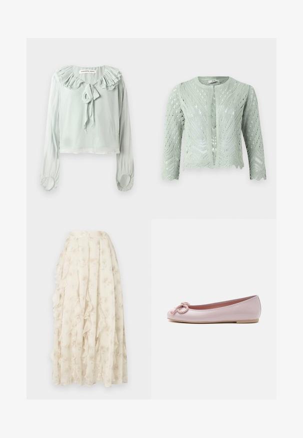 Lichtgroene gebreide cardigan met opengewerkte patroon, driekwartmouwen en golvende zoom. Ontworpen met een ronde halslijn en zonder sluitingen.; Lichtgroene blouse met een gerimpelde halslijn, strikdetail en lange mouwen. Gemaakt van zachte, vloeiende stof met gerimpelde manchetten.; Lange crèmekleurige rok met subtiel bloemmotief en vallende ruches, gemaakt van lichtgewicht, doorschijnende stof.; Lichtroze lakleren ballerina met afgeronde neus, gedraaide koordstrik aan de voorkant en lage beige zool op een witte achtergrond.