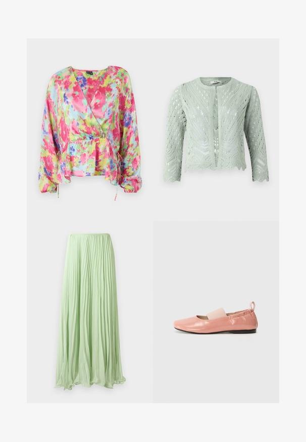 Gilet tricoté vert clair avec un motif ajouré, manches trois-quarts et ourlet en forme de vagues. Conçu avec un col rond et sans fermetures.; Blouse enveloppante florale colorée en tissu léger et froissé. Présente des motifs roses, jaunes et bleus avec une taille froncée et des manches ballon.; Jupe longue plissée vert clair avec un tissu fluide et une taille élastique, présentée sur un fond blanc.; Ballerines synthétiques roses avec une texture brillante, un bout carré et une bande élastique douce sur le cou-de-pied. Semelle en caoutchouc noire et tirette à l'arrière.