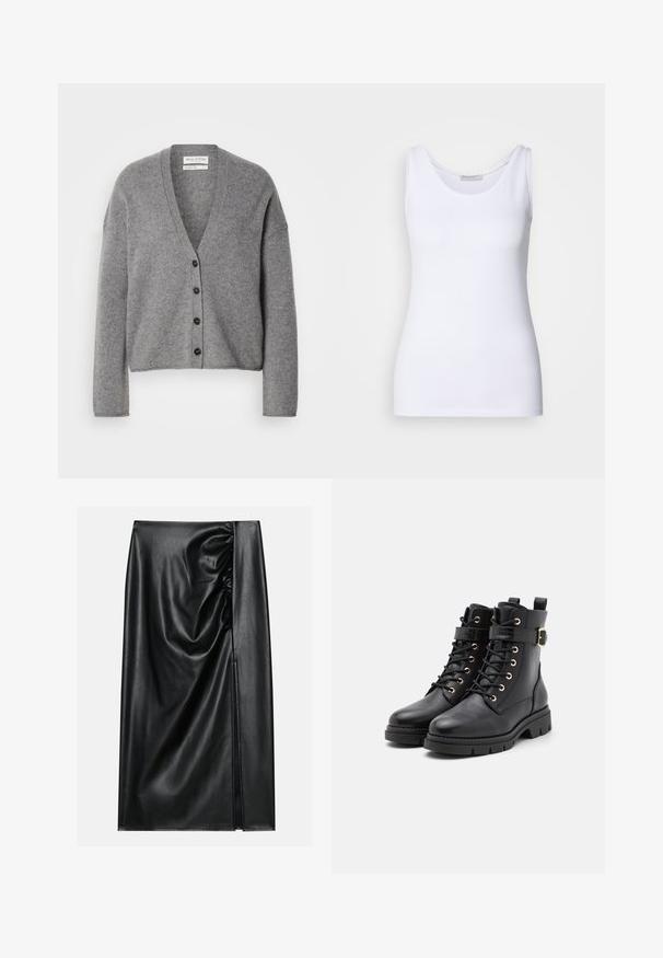 Grau melierter Wollmischungen-Cardigan mit V-Ausschnitt, langen Ärmeln und sechs dunklen Knöpfen auf der Vorderseite; weiche Textur; bequeme Passform.; Weißes Tanktop aus glattem, dehnbarem Stoff. Verfügt über einen runden Halsausschnitt und breite Träger. Der Saum sitzt knapp unter der Taille. Keine Muster oder Akzente.; Schwarzer Lederrock mit glatter Textur, der auf einer Seite einen gerafften Abschnitt und einen seitlichen Schlitz für zusätzlichen Detailreichtum aufweist.; Schwarze Leder-Stiefeletten mit runder Spitze, Schnürdesign, goldenen Ösen, Schnallenakzent und einer klobigen, strukturierten Sohle.