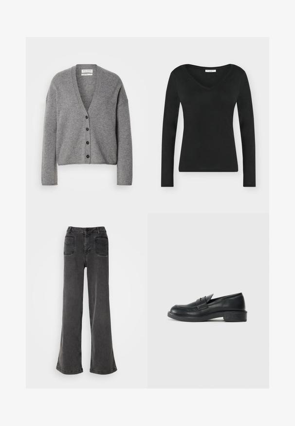 Cárdigan de mezcla de lana gris con cuello en V, mangas largas y seis botones oscuros en la parte delantera; textura suave; corte relajado.; Camiseta negra de manga larga con escote en V, mostrada extendida sobre un fondo blanco liso. Sin patrones ni diseños visibles.; Jeans negros de tiro alto y pierna ancha, hechos de denim, con cierre de botones, presillas para cinturón y dos bolsillos traseros con detalles de costura.; Mocasines de cuero negro con punta redondeada, detalles de costura y un pequeño tacón. Textura suave y suela de goma flexible.