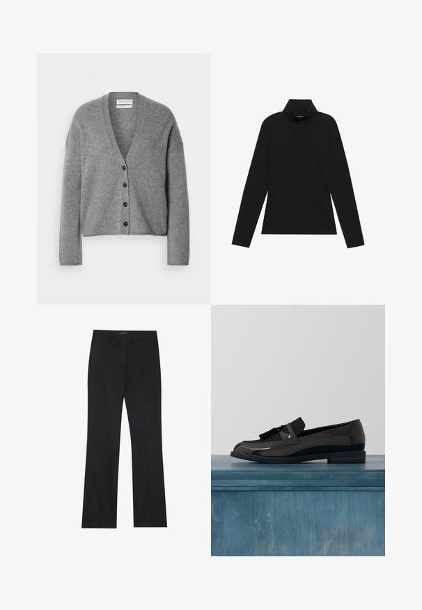 Grå uldblandingstrøje med V-udskæring, lange ærmer og seks mørke knapper foran; blød tekstur; afslappet pasform.; Sort turtleneck med lange ærmer. Blødt stof, tætsiddende design, høj krave og sidesøm. Simpel og alsidig stil, der er velegnet til lag-på-lag.; Sorte bukser med lige snit, glat stof og uden synlige mønstre. Designet med klassiske forlommer og lynlås.; Sorte patenterede lædersko med flad hæl, med et frynsedetalje og glat overflade, designet med en rund tå og subtil søm.