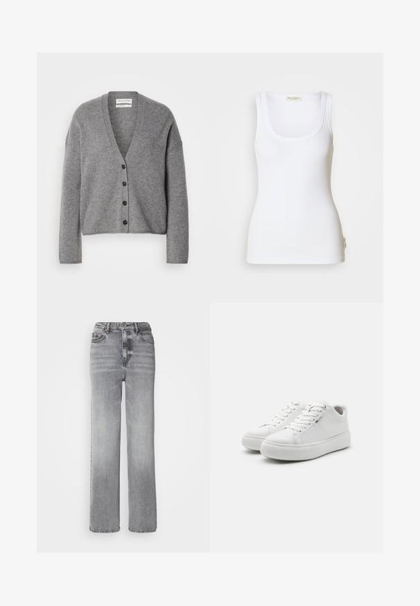 Cárdigan de mezcla de lana gris con cuello en V, mangas largas y seis botones oscuros en la parte delantera; textura suave; corte relajado.; Camiseta sin mangas blanca con canalé, escote redondo y tirantes anchos. Presenta una etiqueta con el logo en el dobladillo lateral. Hecha de tela suave y elástica.; Jeans grises de cintura alta con un diseño de pierna recta, desvanecimiento ligero y un clásico estilo de cinco bolsillos con cierre de botón de metal.; Zapatillas bajas blancas con una parte superior de lona suave, puntera redonda y suela de goma gruesa. Presentan un cierre con cordones en la parte delantera y un diseño minimalista.