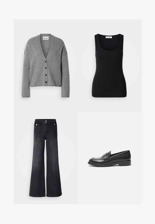 Cárdigan de mezcla de lana gris con cuello en V, mangas largas y seis botones oscuros en la parte delantera; textura suave; corte relajado.; Camiseta sin mangas negra con textura acanalada, escote redondo, tirantes anchos y diseño ajustado. Etiqueta en la parte trasera que dice "Marc O'Polo."; Pantalones vaqueros de mezclilla negra de pierna ancha con una cintura alta, botones en la parte frontal y dos bolsillos delanteros; textura suave con un ligero acabado desvanecido.; Mocasines de cuero negro con un acabado suave, punta redondeada y detalle de costura lateral. Presentan un tacón bajo y rectangular.