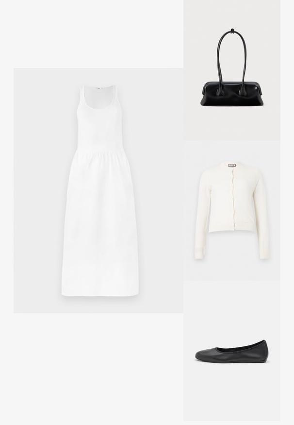 Witte, lange mouwen, gebreide vest met knoopsluiting en geribbelde manchetten en zoom, voorzien van een subtiel textuurpatroon.; Witte maxi-jurk met een mouwloos ontwerp, ronde halslijn, strakke taille en vloeiende rok. Gemaakt van een lichtgewicht stof.; Zwarte leren ballerina met een ronde neus, gladde textuur, minimale stikdetails en een flexibele zoolontwerp.; Zwarte leren handtas met twee lange handvatten, een gladde textuur en een ronde bodem met decoratieve accenten aan de zijkanten.