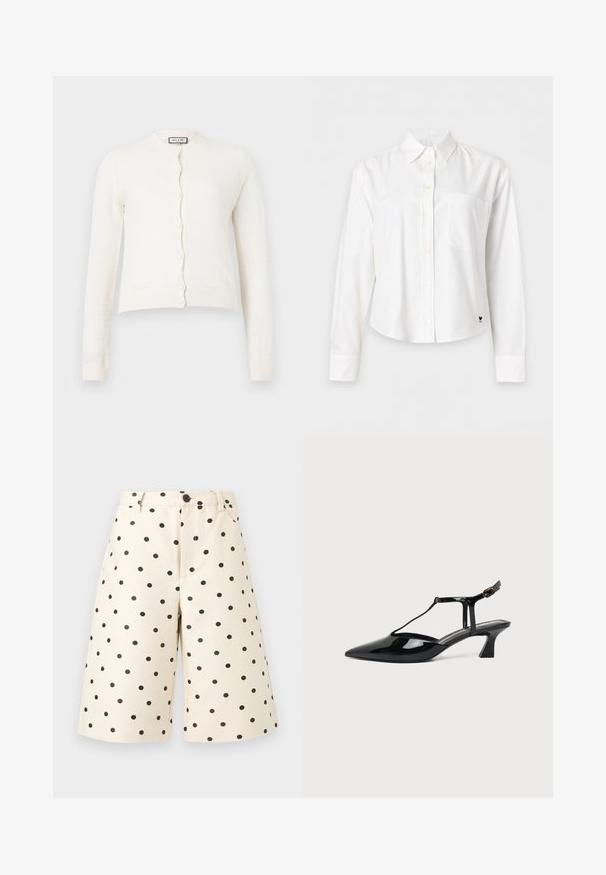 Cardigan blanc à manches longues en maille avec fermeture par boutons et poignets et ourlet côtelés, présentant un motif texturé subtil.; Chemise blanche à manches longues avec boutons, col et poche poitrine, présentée sur un fond clair uni.; Shorts couleur crème longueur genou à pois noirs, fermeture par boutons, passants pour ceinture et poches latérales sur fond uni.; Chaussure slingback en cuir verni noir à bout pointu avec bride en T et petit talon bloc incliné sur fond blanc.