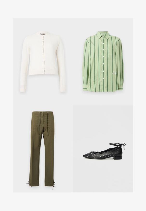 Cardigan blanc à manches longues en maille avec fermeture par boutons et poignets et ourlet côtelés, présentant un motif texturé subtil.; Chemise à manches longues vert clair avec des rayures verticales vert foncé, boutons blancs, poche sur la poitrine et texte brodé en blanc près de l'ourlet.; Pantalon en coton vert olive à coupe décontractée, avec plis à l'avant, taille à cordon de serrage et liens ajustables aux ourlets pour personnalisation.; Ballerines en cuir noir avec bout pointu, design à lacets et accents à clous argentés sur les côtés. Profil à talon bloc bas.