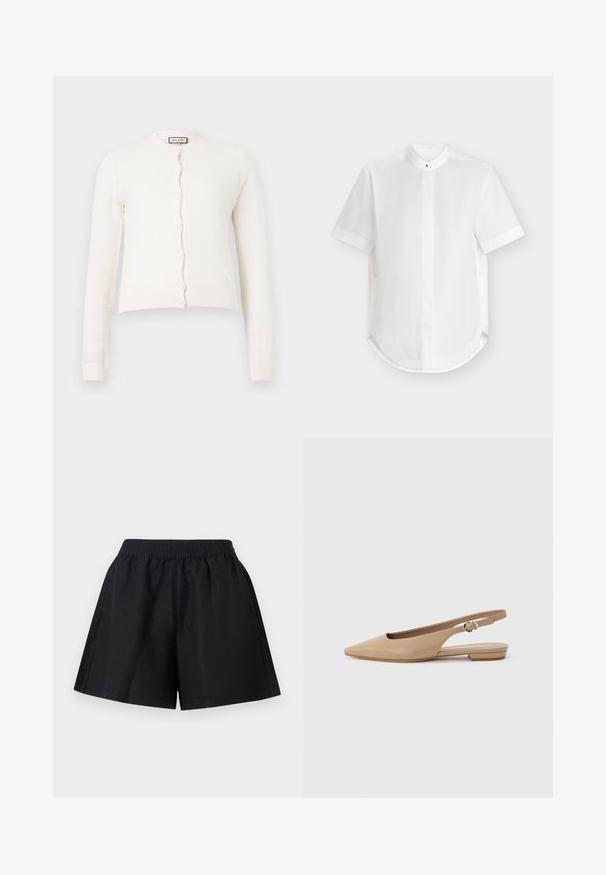 Cardigan blanc à manches longues en maille avec fermeture par boutons et poignets et ourlet côtelés, présentant un motif texturé subtil.; Chemise blanche manches courtes avec col mao, patte de boutonnage cachée et ourlet arrondi, présentée à plat sur un fond clair.; Shorts noirs à taille élastique avec jambes larges et design minimaliste sur fond gris clair.; Chaussure plate beige à bout pointu avec bride arrière et petit talon, équipée d'une sangle ajustable à boucle, sur un fond clair uni.