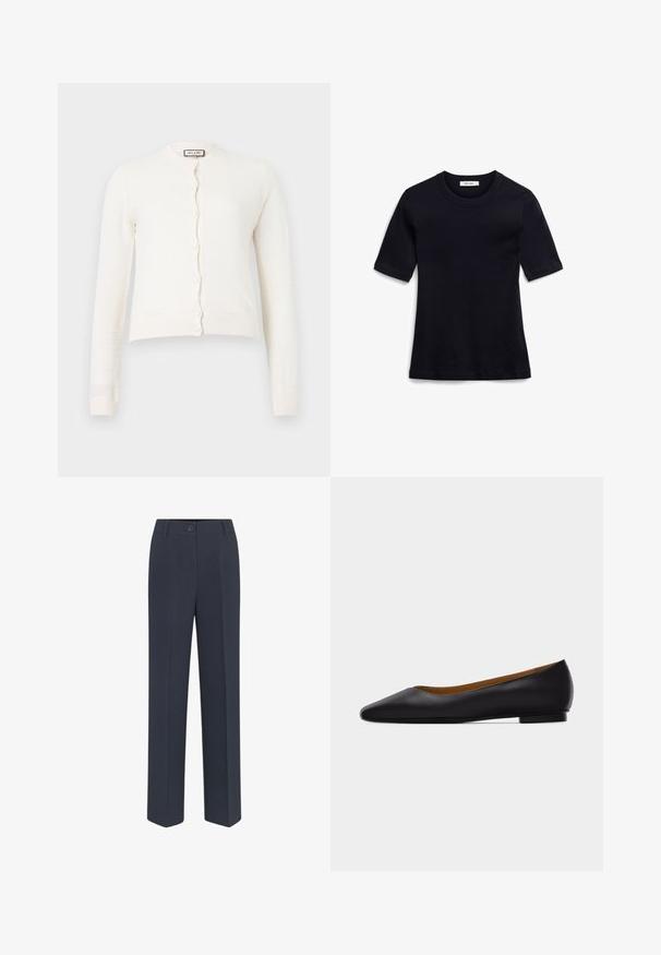 Hvid langærmet strikket cardigan med knaplukning og ribbede manchetter og kant, med et diskret tekstureret mønster.; Marineblå t-shirt med kortærmer lavet af blødt stof. Den har en ribbet rund hals og lige kant, med et simpelt, ufærdigt design.; Marineblå, skræddersyede bukser med lige ben, der har lukkefunktion foran med knap og diskrete stolpefure detaljer. Glat stofstruktur.; Sort læder flad sko med spids tå, lav hæl og glat finish, vist fra siden på en lysegrå baggrund.