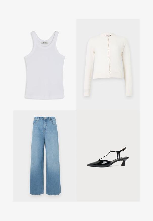 Hvid langærmet strikket cardigan med knaplukning og ribbede manchetter og kant, med et diskret tekstureret mønster.; Hvid tank top lavet af glat stof, med en rund halsudskæring og brede skulderstropper, med et mærke indeni, der står "IVY OAK."; Lysblå vide jeans med høj talje, der har to forlommer, diskrete syninger og en afslappet pasform.; Sort laklæder spids tå slingback sko med T-rem og lav skrå blokhæl på hvid baggrund.