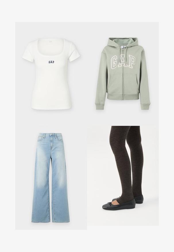 Sweat à capuche zippé vert clair avec poches avant, capuche à cordon réglable, et grand logo "GAP" sur la poitrine en contour blanc.; Top blanc en coton côtelé à manches courtes avec encolure carrée et logo "GAP" bleu marine centré sur la poitrine.; Jean large bleu clair à taille haute, avec boutons à l'avant et poches, présenté sur un fond blanc.; Jambes portant des leggings côtelés foncés associés à des ballerines noires avec de petits détails en nœud sur fond blanc.