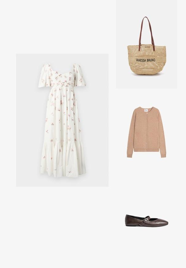 Beige strikket cardigan lavet af cashmere, med rund halsudskæring, frontknapper og ribbede ærmer med et tekstureret diamantmønster.; Hvid midi kjole med puffede ærmer, tætsiddende bodice og lille pink blomsterprint, med en opsamlet lagdelt nederdel.; Brune læder flade sko med rund tå og en justerbar spænde rem over midtfoden. Glat tekstur og minimalistisk design.; Vanessa Bruno PANIER - Shopping bags - sable/noir