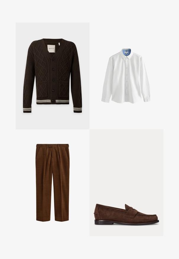 Cárdigan de punto trenzado marrón oscuro con botones en la parte delantera, dos bolsillos delanteros y puños y bajo acanalados con rayas blancas.; Camisa blanca de manga larga con botones y forro de cuello azul, que presenta un corte clásico y un bordado sutil en el pecho.; Pantalones marrones de pana con pliegues, bolsillos laterales, trabillas para cinturón y cierre con botón en la cintura, mostrados extendidos sobre un fondo blanco.; Zapato tipo loafer de ante marrón con tacón bajo y costuras visibles en la punta, el lateral y la parte trasera, mostrado sobre un fondo claro y liso.