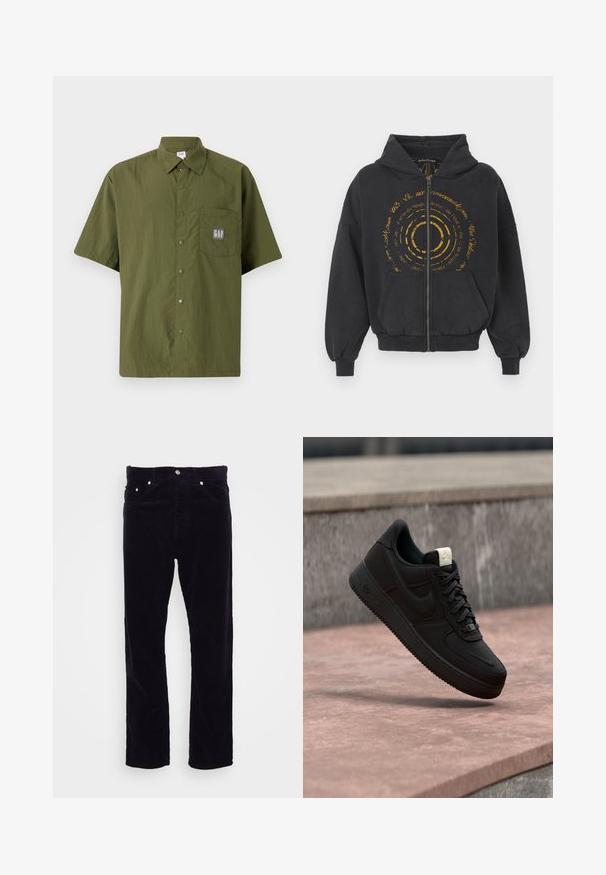 Sort zip-up hoodie lavet af blødt stof med et gyldent cirkulært grafik og tekst på forsiden. Har snoretræk i hætten og kengurulommer.; Kortærmet skjorte i olivengrøn stof med knap-ned krave, prydet med en brystlomme med et gråt GAP-logo patch.; Carhartt WIP NEWEL PANT - Bukser - dark navy; Sort Nike Air Force 1 sneaker, der svæver over en lyserød betonforkant med en grå stenet baggrund, som viser sidde- og topdetaljer.