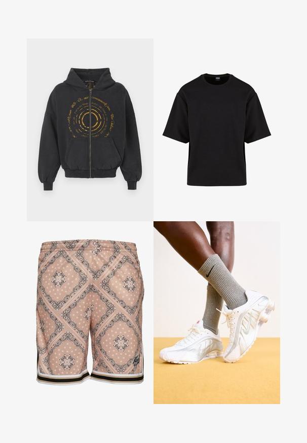 Sort zip-up hoodie lavet af blødt stof med et gyldent cirkulært grafik og tekst på forsiden. Har snoretræk i hætten og kengurulommer.; Urban Classics SCUBA TEE - T-shirts basic - black; Shorts i en lys ferskenfarve med et sort paisley-mønster, elastisk talje og kontrastbånd ved kanten.; Nike sneakers i hvid med sølv accenter, der har teksturerede paneler og perforeringer. Sammen med grå ribbede sokker, sat mod en gul baggrund.