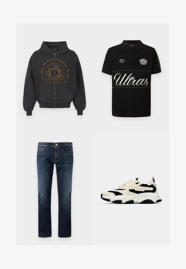 Hoodie zippé noir en tissu doux avec un graphique circulaire doré et du texte à l'avant. Comprend une capuche avec cordon de serrage et des poches kangourou.; Polo noir avec des rayures vertes sur les manches, texte brodé blanc "8114 HAN KJØBENHAVN EST 2008", emblème de blason, et grand texte "Ultras" sur la poitrine.; Jeans en denim bleu foncé avec un design classique à jambe droite, comprenant cinq poches, une fermeture par bouton à l'avant et des détails de couture discrets.; Des baskets robustes avec un dessus crème, des accents noirs et des panneaux texturés. Elles possèdent une épaisse semelle blanche et une semelle extérieure en caoutchouc noir pour une meilleure traction.