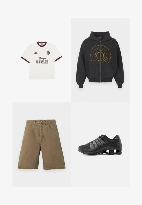 Hoodie zippé noir en tissu doux avec un graphique circulaire doré et du texte à l'avant. Comprend une capuche avec cordon de serrage et des poches kangourou.; T-shirt blanc à manches courtes avec des bordures bordeaux, avec le texte "Escape BERLIN" au centre devant, "Mitte" sur la poitrine gauche, et un emblème circulaire avec deux étoiles sur la poitrine droite.; Shorts en denim de coton marron taille haute avec bouton à l'avant, fermeture éclair, passants pour ceinture et deux poches avant sur un fond uni.; Chaussure de sport noire avec dessus texturé, fermetures à lacets et soutien de semelle distinctif en forme de ressort visible sur fond blanc.