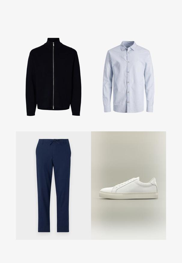 Jersey negro de manga larga con cremallera y cuello alto, cremallera plateada desde el cuello hasta el dobladillo, diseño sencillo, sin logos ni patrones visibles.; Camisa abotonada de rayas azul claro con mangas largas, cuello clásico y botones similares a perlas en la parte delantera. Tela de algodón, textura suave.; Pantalones azul marino de material ligero con cintura ajustable y perneras estrechas, que cuentan con bolsillos delanteros y traseros.; Zapatilla blanca de perfil bajo con cordones en la parte delantera y suela gruesa, mostrada de lado sobre un fondo neutro.