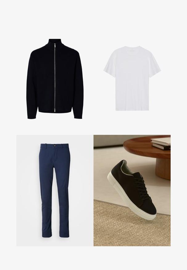 Pull noir à manches longues avec fermeture éclair, col montant, zipper argenté allant du cou à l'ourlet, design simple, sans logos ni motifs visibles.; T-shirt en coton blanc à manches courtes, col rond et texture lisse. Présente un branding minimal au niveau du col.; Pantalon bleu marine en tissu lisse, avec un design à jambes droites, une fermeture éclair et une poche avant unique avec une fermeture à bouton.; Baskets noires avec semelle blanche flottant au-dessus d'un tapis texturé beige, près d'une table en bois ronde avec des livres empilés.