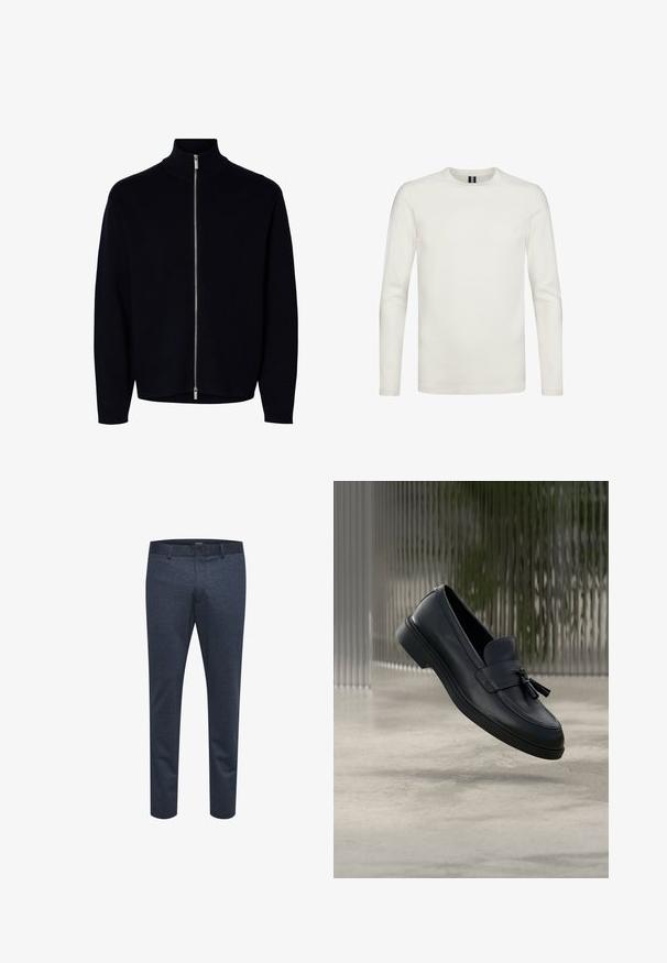 Zwart sweater met lange mouwen en rits, hoge kraag, zilveren rits van nek tot zoom, simpel ontwerp, zonder zichtbare logo's of patronen.; Witte langemouwen T-shirt van zachte stof, met een ronde hals en aansluitende mouwen, zonder zichtbare patronen of versieringen.; Marineblauwe broek van textuurstof met een slim fit, voorzien van een knoopsluiting en ceintuurlussen, geschikt voor zowel casual als formele gelegenheden.; Zwarte leren loafers met een gladde textuur, een afgeronde neus en decoratieve kwastjes aan de voorkant. Flexibele rubberen zool met lage hak.