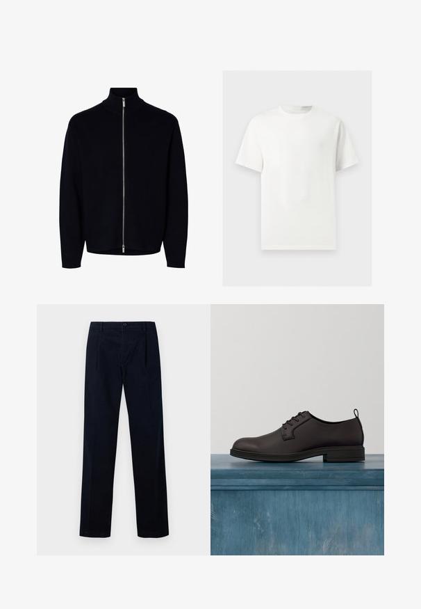 Jersey negro de manga larga con cremallera y cuello alto, cremallera plateada desde el cuello hasta el dobladillo, diseño sencillo, sin logos ni patrones visibles.; Camiseta blanca lisa de manga corta y cuello redondo mostrada sobre un fondo gris claro.; Pantalones azul marino de tela texturada, con frontal plano, dos pinzas y cierre de botón, con un diseño de pierna recta.; Zapato de cuero marrón oscuro con textura lisa, diseño con cordones, punta redondeada y una suela baja de goma negra. Detallado con una lengüeta trasera para tirar.