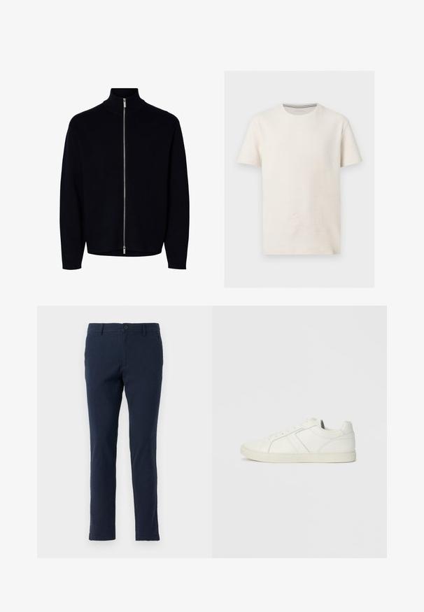 Sort langærmet lynlåstrøje med høj krave, sølvlynlås, der går fra hals til kant, enkel design, ingen synlige logoer eller mønstre.; Kortærmet off-white tekstureret bomulds t-shirt med rund halsudskæring og diskret logo på venstre bryst, vist på grå baggrund.; Marineblå bomulds-chinoer med slim fit, der har knap- og lynlås-lukning, bæltestropper og for- samt baglommer. Glat tekstur.; Lave hvide lædersneakers med snørebånd og flad gummisål, set fra indersiden på en ensfarvet baggrund.