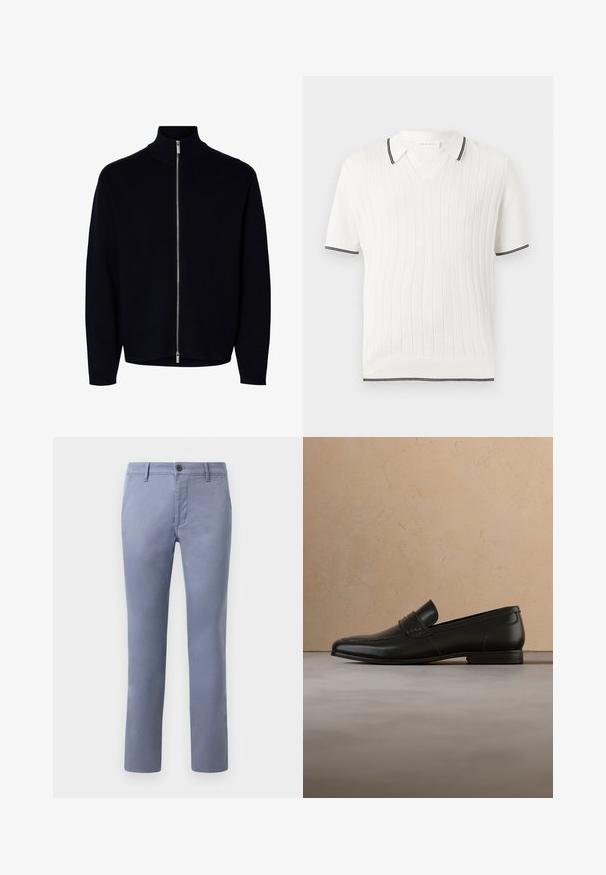 Jersey negro de manga larga con cremallera y cuello alto, cremallera plateada desde el cuello hasta el dobladillo, diseño sencillo, sin logos ni patrones visibles.; Polo blanco de manga corta con canalé vertical y ribete negro en el cuello, los puños y el dobladillo inferior.; Chinos de algodón azul claro con un corte ajustado, que cuentan con cierre de botón, cinturilla con trabillas y bolsillos laterales, textura suave y perneras rectas.; Zapato mocasín de cuero negro suspendido en el aire sobre una alfombra beige con un sofá beige de fondo.
