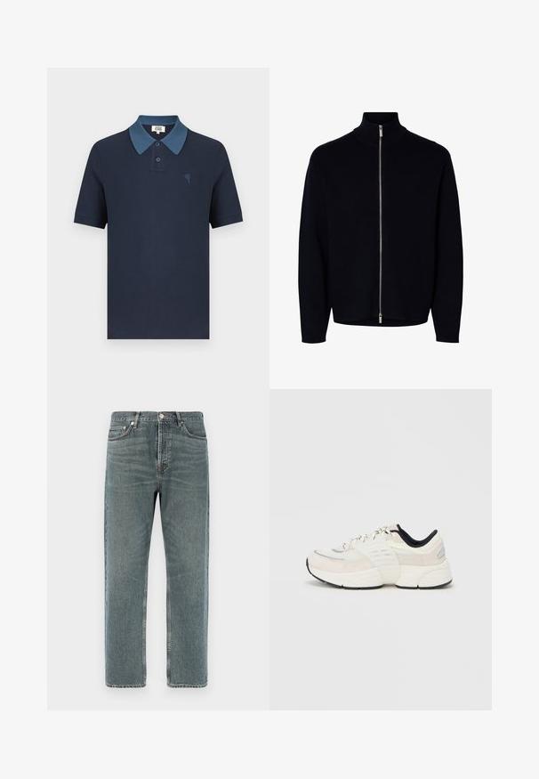 Zwart sweater met lange mouwen en rits, hoge kraag, zilveren rits van nek tot zoom, simpel ontwerp, zonder zichtbare logo's of patronen.; Marineblauw poloshirt met een contrasterende blauwe kraag, korte mouwen, gestructureerde stof en een klein geborduurd hartontwerp op de borst.; Lichtblauwe denim jeans met een rechte pijp, vijf-pocket ontwerp en zichtbare stikdetails. Geweven stof met een vervaagd uiterlijk.; Lichtgewicht sportieve schoenen in crème en zwart, met suède en mesh bovenwerk, een gedempte zool en contrasterende, gestructureerde veters.