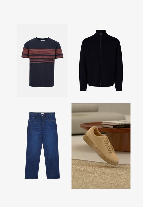 Pull noir à manches longues avec fermeture éclair, col montant, zipper argenté allant du cou à l'ourlet, design simple, sans logos ni motifs visibles.; T-shirt bleu marine à manches courtes avec fines rayures rouges horizontales sur la poitrine et les manches, col rond.; Jean en denim bleu foncé avec une coupe droite, équipé d'une fermeture boutonnée et à zip, de cinq poches et de détails de couture visibles.; Baskets beiges à lacets flottant au-dessus d'un tapis texturé avec une table basse en bois et des livres empilés en arrière-plan flou.