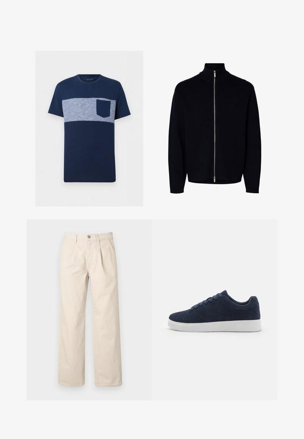 Pull noir à manches longues avec fermeture éclair, col montant, zipper argenté allant du cou à l'ourlet, design simple, sans logos ni motifs visibles.; T-shirt homme bleu marine à manches courtes avec une bande horizontale rayée bleu clair et blanc sur la poitrine et une poche poitrine unie bleu marine.; Pantalons larges beiges à taille haute, avec des plis avant, une fermeture à bouton sur le devant et un tissu en coton lisse.; Baskets en daim bleu marine avec un bout rond, semelle en caoutchouc blanc et six œillets pour lacets. Texture lisse et design minimal. Vue de côté présentée.