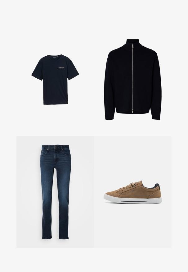 Sort langærmet lynlåstrøje med høj krave, sølvlynlås, der går fra hals til kant, enkel design, ingen synlige logoer eller mønstre.; Marineblå bomulds T-shirt med rund halsudskæring og korte ærmer. Har et lille rødt tekstlogo ved brystet. Regular fit, glat tekstur.; Mørkeblå denim jeans med lige ben-design, fem-lomme stil, frontknaplukning og subtilt slid på lårene.; Brune ruskinds sneakers med beige snørebånd, hvid gummisål og en mørkeblå hælaccent. Har syede detaljer og et afslappet design.