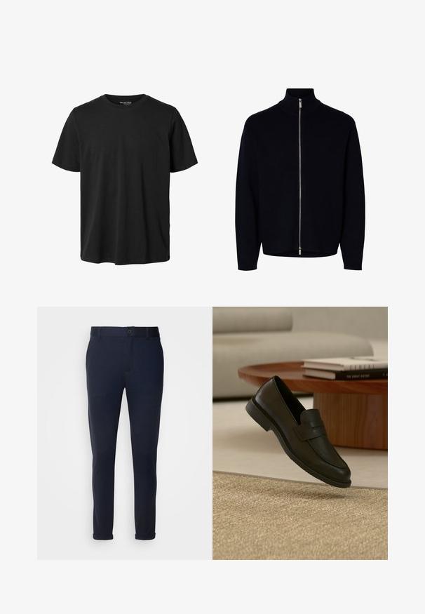 Sort langærmet lynlåstrøje med høj krave, sølvlynlås, der går fra hals til kant, enkel design, ingen synlige logoer eller mønstre.; Sort kortærmet t-shirt med rund halsudskæring, normal pasform og uden synligt design eller mærkning foran.; Marineblå bukser lavet af blødt stof, med knaplukning, bæltesløjfer og oprevne manchetter. Glat tekstur med skræddersyet design.; Sort læderloafer vist i luften over en beige vævet tæppe, med et træbord og stablede bøger i et blødt oplyst stue.