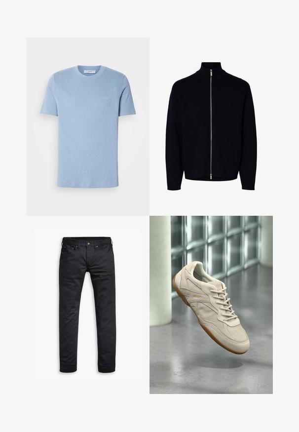 Zwart sweater met lange mouwen en rits, hoge kraag, zilveren rits van nek tot zoom, simpel ontwerp, zonder zichtbare logo's of patronen.; Lichtblauwe katoenen t-shirt, korte mouwen, ronde hals, subtiele logo op de voorkant, gladde textuur, normale pasvorm.; Zwarte slim-fit jeans met voorzakken, riemlussen en een knoopsluiting, plat weergegeven tegen een witte achtergrond.; Beige suède sneaker met een gumzool en veters, met "HUGO" erin geperst, zwevend in de lucht tegen een achtergrond van een glazen blokmuur en betonnen vloer.