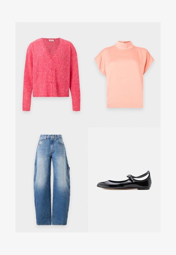 Cárdigan de punto rosa de manga larga con escote en V y botones en la parte delantera, mostrado sobre un fondo liso de color gris claro.; Blusa de manga corta color coral claro con cuello alto falso y ajuste holgado, mostrada sobre un fondo liso de color gris claro.; Jeans de pierna ancha en azul claro, hechos de denim. Presentan una cintura alta, un ligero desgaste, grandes bolsillos laterales y detalles de costura en contraste.; Zapato plano Mary Jane de charol negro con punta redonda, tira delgada en el tobillo y pequeña hebilla plateada sobre fondo blanco.