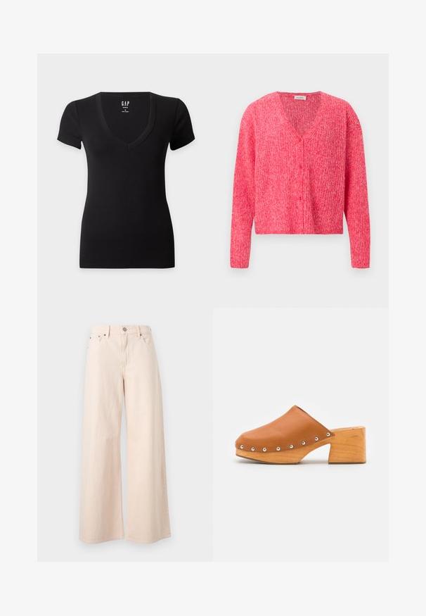 Cardigan en tricot rose à manches longues avec col en V et boutons sur le devant, présenté sur un fond gris clair uni.; T-shirt noir ajusté à manches courtes avec un col en V profond et une étiquette GAP à l’intérieur de l’encolure.; Jean large taille haute rose pâle avec bouton et fermeture éclair à l'avant, passants pour ceinture, et design classique à cinq poches.; ASRA JUDE - Sabots - spice tan