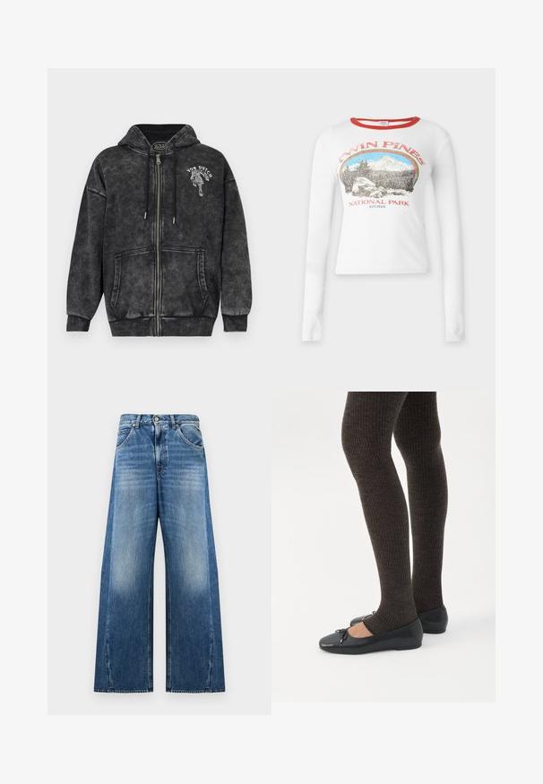 Sweat à capuche zippé noir délavé avec poches avant, capuche à cordon et texte blanc « Von Dutch » ainsi qu'un motif de tigre sur le côté gauche de la poitrine.; Chemise blanche à manches longues avec col rouge et texte « Twin Pines National Park » avec un motif montagne et forêt à l'avant.; Jean en denim bleu à jambes larges avec taille haute, zones avant des cuisses décolorées, poches avant, fermeture par boutons et passants de ceinture sur fond blanc.; Jambes portant des leggings côtelés foncés associés à des ballerines noires avec de petits détails en nœud sur fond blanc.