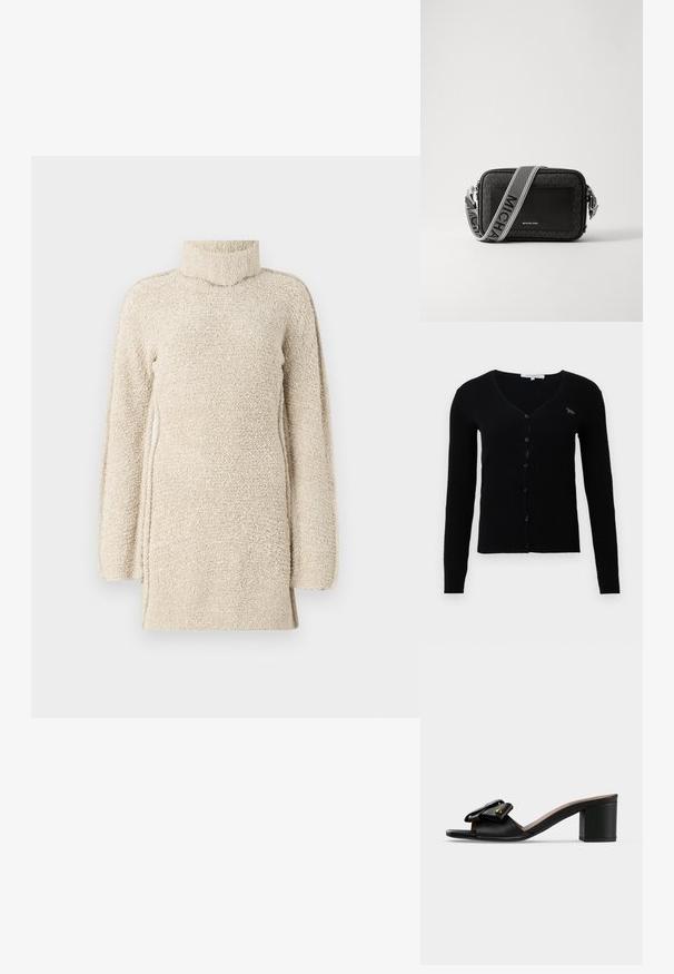 Zwarte geribbelde langwerpige cardigan met V-hals, knopen aan de voorkant en een klein voslogo op de linkerborst.; Beige fluffy tuniek met een hoge hals en lange mouwen. Heeft een gestructureerd oppervlak en zij-splitten voor gemakkelijk bewegen.; Zwarte muil sandaal met hak, open teen en decoratieve gevouwen leren band met kleine gouden studs.; Zwarte schoudertas met een gestructureerde stoffen body, een gladde leren voorkant en een contrasterende band met "MICHAEL KORS" branding.