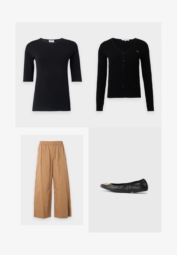 Cardigan noir en maille côtelée à manches longues avec décolleté en V, boutons sur le devant et petit logo de renard sur la poitrine gauche.; Haut noir à manches longues fabriqué en tissu doux et extensible. Dispose d'un col rond et d'une silhouette ajustée avec des manches de longueur intermédiaire.; Pantalon beige à jambes larges avec taille élastique et plis, détails de coutures frontales, présenté sur un fond clair uni.; Ballerine en cuir noir avec un bout arrondi, présentant un accent en métal doré sur le bout, une texture lisse et une semelle flexible.