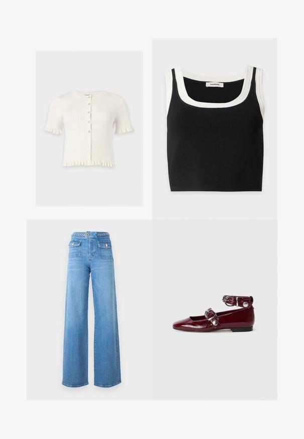 Cardigan blanc côtelé à manches courtes avec encolure ronde, boutonnage devant et bords froncés sur les manches et l’ourlet.; Crop top noir sans manches avec une large bordure blanche autour du col et des emmanchures, étiqueté avec la marque Sandro à l'intérieur.; Jean large taille haute bleu clair avec poches avant à rabat, ceinture tressée et fermetures à bouton doré.; Ballerines en cuir verni bordeaux avec un bout pointu, une bride de cheville avec une boucle en argent et un petit talon. Texture lisse sur l'ensemble.